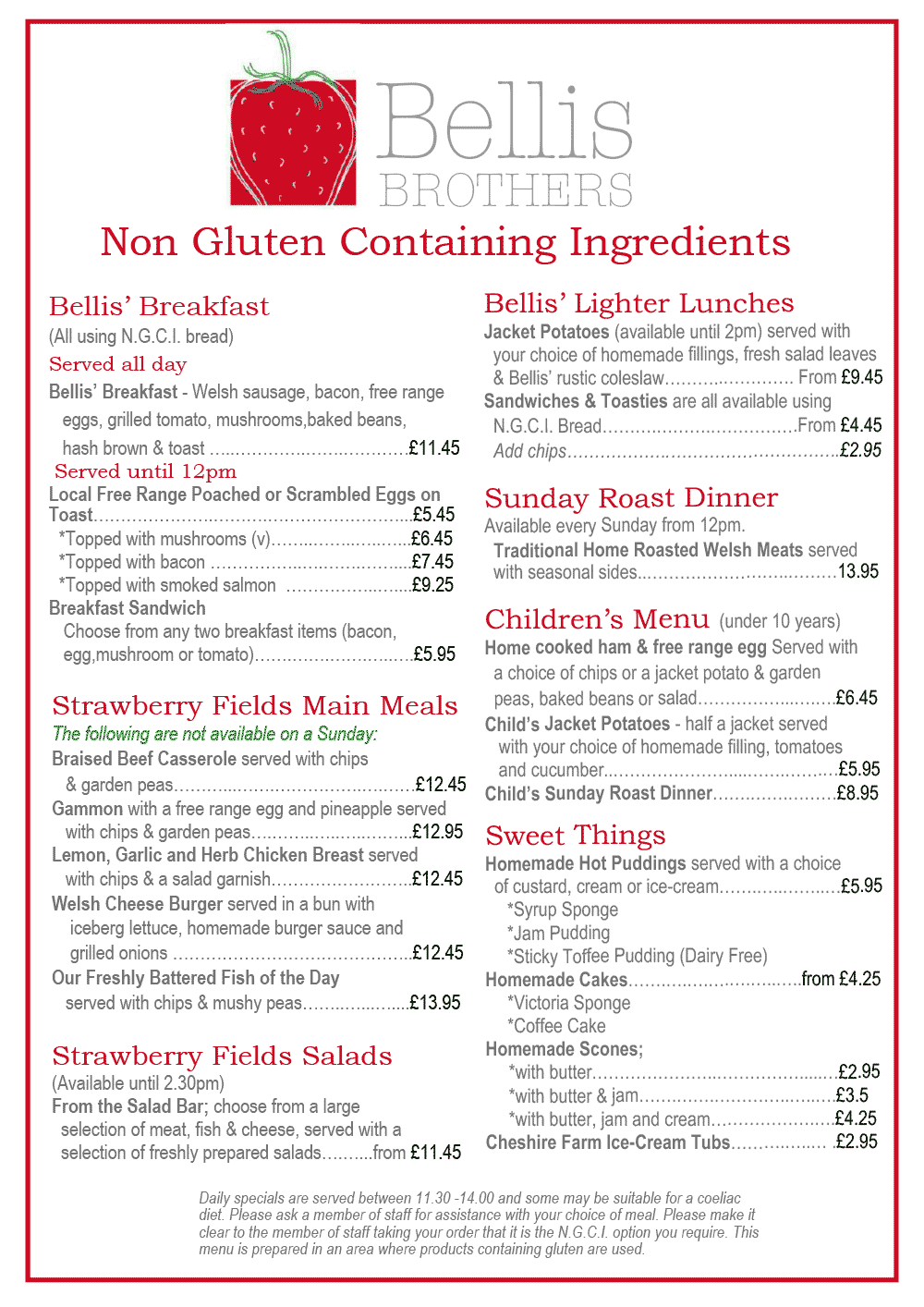 Download our Non Gluten Containing Ingredients Menu